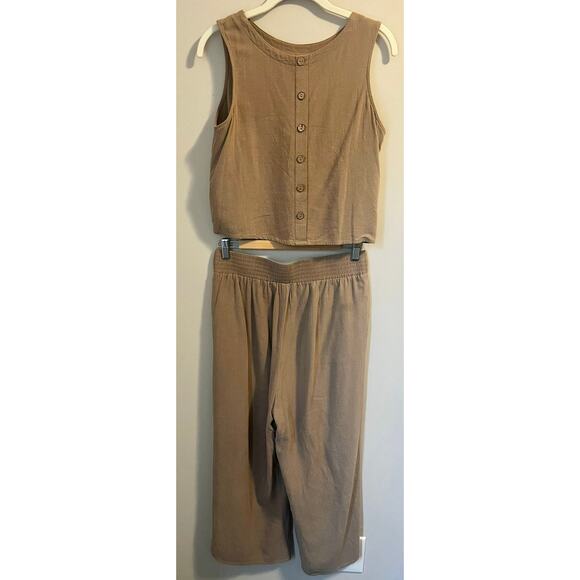 Anrabess 2 Piece Set Tank Crop Button Back Top Cropped Wide Leg Pants Khaki sz S - Picture 4 of 8